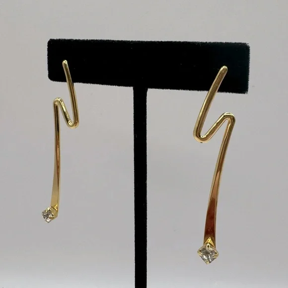 VINTAGE Gold-Tone Crystal Zig Zag Earrings - Picture 3 of 11